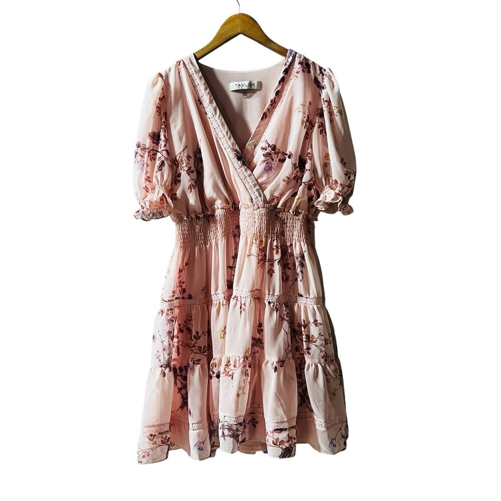Taylor Fooral Tiered Short Sleeve A Line Dress Size 12 Pink Multicolor - Picture 2 of 8